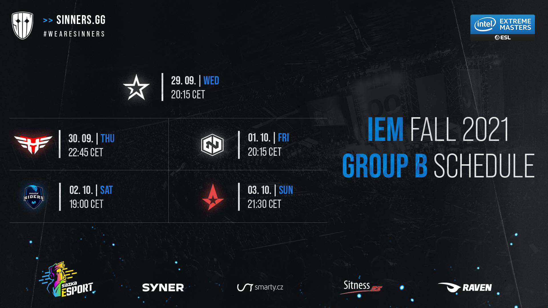 Kompletní časy zápasů IEM Fall: Kdy dát do kalendářů SINNERS nebo mousesports?